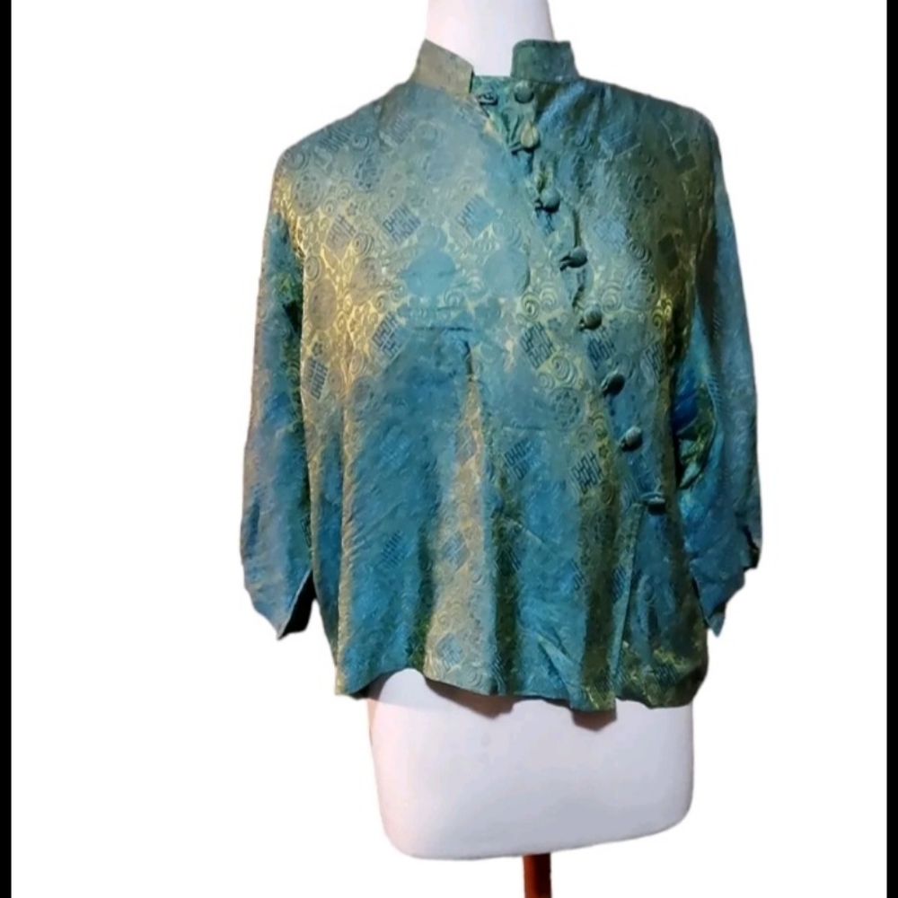 Norm Thompson M 100% Silk Blazer Top Shirt Kimono Blue Green Yellow Woman Lagenl